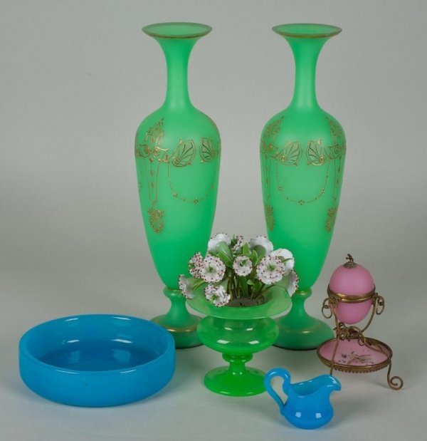 Group pink, green and blue opaline glass accessori: Group pink, green and blue opaline glass accessories, 19th/20th century, (6) pieces, largest: 13"h, smallest: 2"h