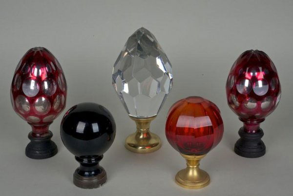 (5) French and Bohemian glass newel post finials: (5) French and Bohemian glass newel post finials, 19th and 20th century, largest: 9.5"h x 4"dia. Provenance: Michael Greer Design, NY