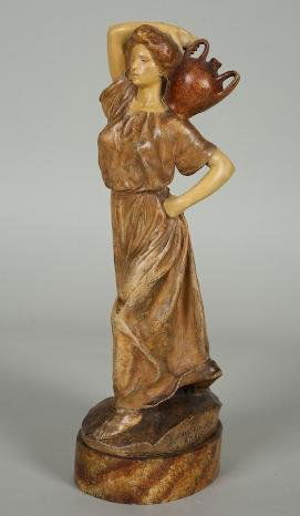 Painted pottery figure by Paul Roussel (1867-1928,: Painted pottery figure by Paul Roussel (1867-1928, French), "A L'Ami a Leroux - Souvenir de la Villa", 10.75"h x 2.75"w x 4.25"d
