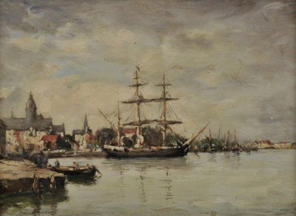 Painting attr. to Eugene Boudin (1824-1898, French: Painting attr. to Eugene Boudin (1824-1898, French), "Le Port du Havre", 1875, oil on panel, bears signature, lower left, 9.5" x 13" (sight), giltwood frame Provenance: M. Charles Durand-Ruel, red wax