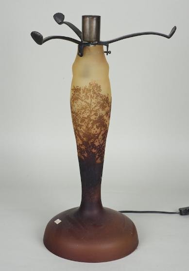 Modern cameo glass lamp base signed Galle: Modern cameo glass lamp base signed Galle, 20th century, 18.5"h x 9"dia. (excluding fitments)