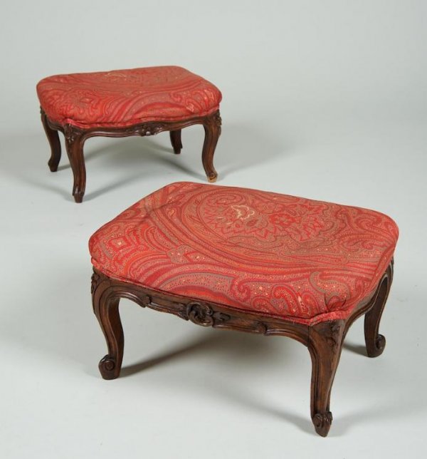 Pair Louis XV style carved beechwood footstools: Pair Louis XV style carved beechwood footstools, Early 20th century, 10"h x 16"l