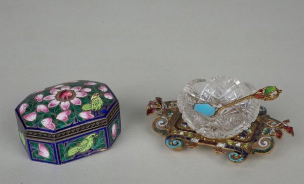 French enameled bronze salt cellar and snuff box: French enameled bronze salt cellar and snuff box, 19th and 20th centuries, salt: 3.5"l