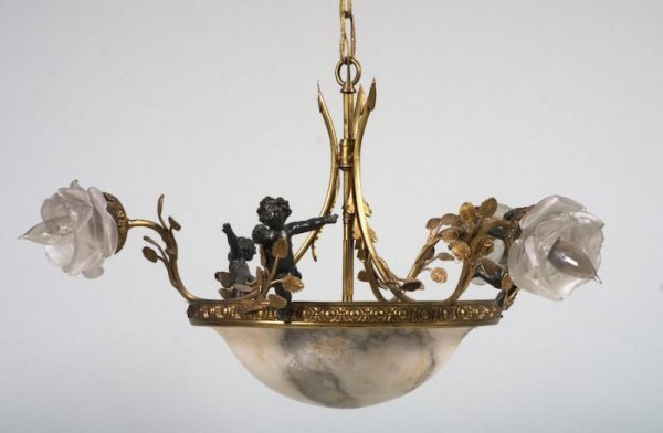 Antique French bronze and alabaster 3-light chande: Antique French bronze and alabaster 3-light chandelier, 20th century, 17"h x 24"dia.