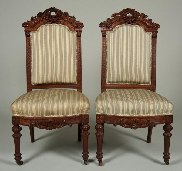 Pair Renaissance Revival carved rosewood side chai: Pair Renaissance Revival carved rosewood side chairs, 19th century, 41"h x 20"w