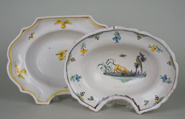 (2) antique French faience barber's bowls: (2) antique French faience barber's bowls, 18th/19th century, larger: 13.5"l
