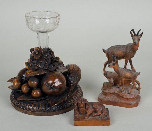 (3) Black Forest carved animals and table accessor: (3) Black Forest carved animals and table accessories, 19th/20th century, largest: 9"h x 8"dia.