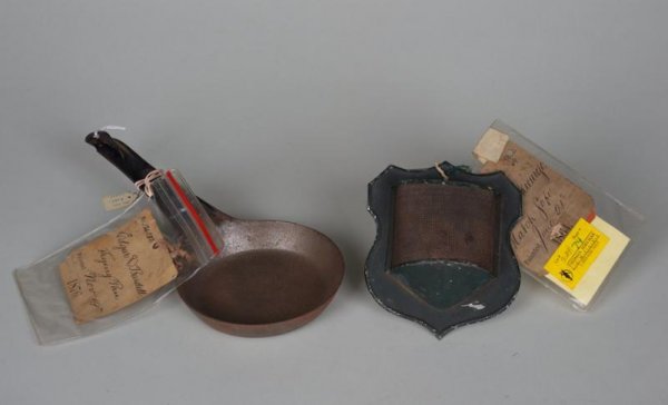 (2) antique U.S. patent models: match safe and fry: (2) antique U.S. patent models: match safe and frying pan, Circa 1864 and 1876, larger: 10.5"l Provenance: 0. Rundle Gilbert Collection