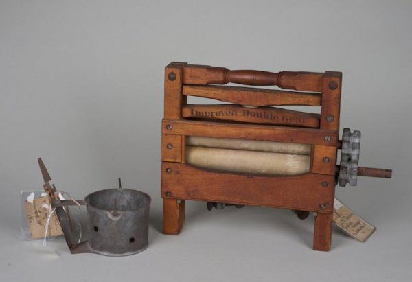 (2) antique U.S. patent models: washing machine an: (2) antique U.S. patent models: washing machine and clothes wringer, Circa 1857 and 1871, larger: 17"h x 13"l