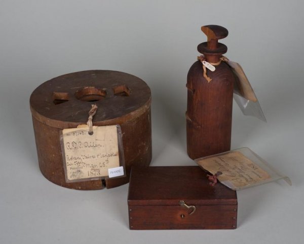 (3) antique U.S. patent models: bottle label holde: (3) antique U.S. patent models: bottle label holder, staple box and valve, Circa 1871, 1873 and 1882, largest: 4.5"h x 7.5"dia.