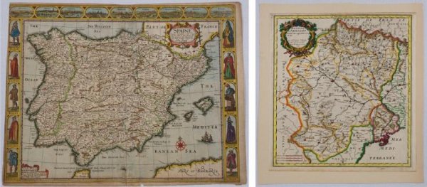 (2) antique hand-colored maps: Spain and Arragon: (2) antique hand-colored maps: Spain and Arragon, 17th century, incl. Sanson and Speed, larger: 17" x 22", unframed