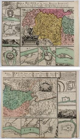 (2) antique hand-colored maps: Serbia, Bosnia, Cro: (2) antique hand-colored maps: Serbia, Bosnia, Croatia, 17th century, Homann, larger: 20" x 23.75", unframed