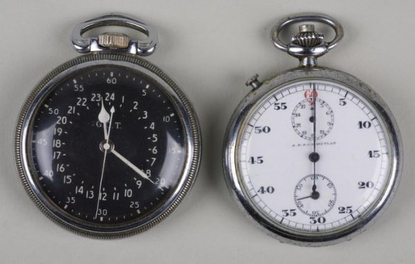 Hamilton and Meylan military pocket watch and stop: Hamilton and Meylan military pocket watch and stop watch, Circa 1944, (2) pieces, 2"dia.