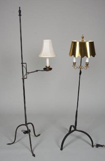 (2) American wrought iron and brass floor lamps: (2) American wrought iron and brass floor lamps, 20th century, larger: 65"h Provenance: Fawn Hill Farm, Morristown, NJ