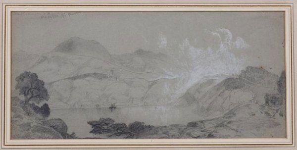 Drawing attrib. to Thomas Moran (1837-1926, Amer.): Drawing attrib. to Thomas Moran (1837-1926, Amer.), "Lake Albano 1867", bears signature, 6.25" x 13.5" (sheet), unframed