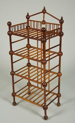 American Aesthetic oak stick and ball etagere: American Aesthetic oak stick and ball etagere, 19th century, 42"h x 18"w x 12.5"d Provenance: Fawn Hill Farm, Morristown, NJ