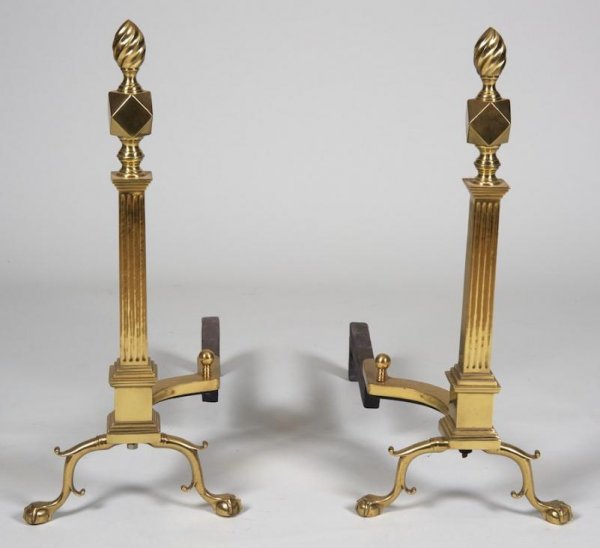 Pair large American Federal style brass andirons: Pair large American Federal style brass andirons, 20th century, 28"h x 12"w Provenance: Fawn Hill Farm, Morristown, NJ