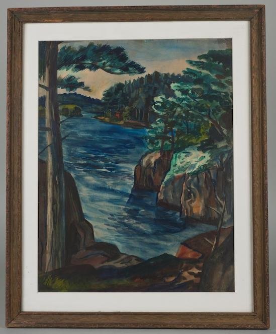 American watercolor painting signed Rockwell: American watercolor painting signed Rockwell, 20th century, coastal Maine, 17" x 13.25" (sight), framed