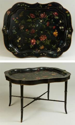 Nice Victorian floral painted papier mache tray ta: Nice Victorian floral painted papier mache tray table, 19th century and later, 20"h x 32"l x 25"d (total)