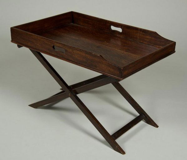 Antique English oak tray on folding table stand: Antique English oak tray on folding table stand, 19th century, 21"h x 19.5"w x 29.25"d
