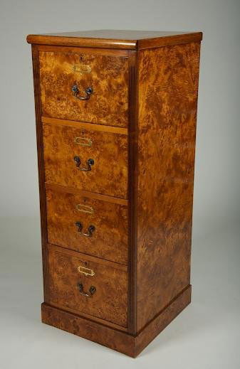 Georgian style burlwood file cabinet: Georgian style burlwood file cabinet, 20th century, 53.5"h x 20.5"w x 22.5"d Provenance: Fawn Hill Farm, Morristown, NJ
