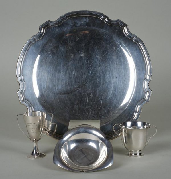 (4) Tiffany & Co. sterling silver horsemanship tro: (4) Tiffany & Co. sterling silver horsemanship trophies, 20th century, dish largest: 10.5"dia., cup smallest: 2"h x 3"w, approx, 29 ozt. (total) Provenance: The Caral Gimbel-Lebworth Collection, NY