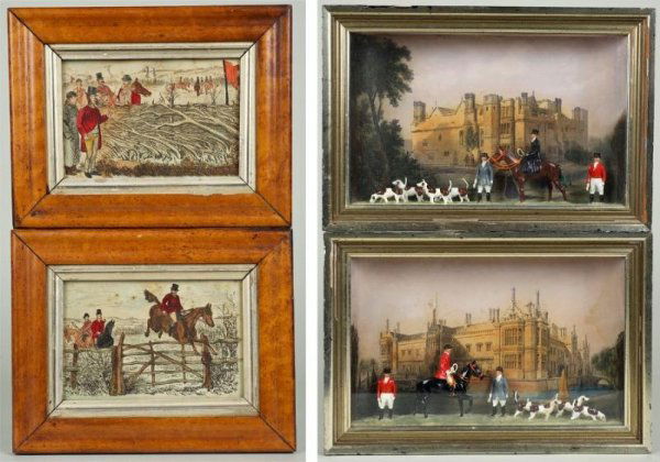 Pair English hunt dioramas and pair maple framed p: Pair English hunt dioramas and pair maple framed prints, 19th and 20th century, (4) pieces, dioramas larger: 8.5" x 12.5" (total)