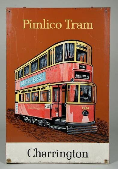 English enameled aluminum Pimilco Tram sign: English enameled aluminum Pimilco Tram sign, 20th century, 54"h x 36"w Provenance: Fawn Hill Farm, Morristown, NJ