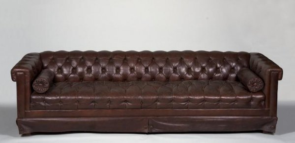 Large button-tufted brown leather Chesterfield sof: Large button-tufted brown leather Chesterfield sofa, Mid 20th century, 26"h x 100"l x 33"d