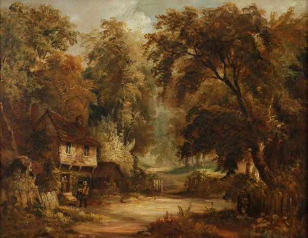 Oil painting by Samuel Bough (1822-1878, Scottish): Oil painting by Samuel Bough (1822-1878, Scottish), Country road, oil on canvas, signed "Sam Bough 1863", 13.5"h x 17"w (sight), framed