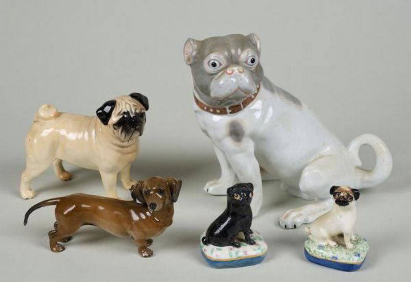 Group (5) porcelain Pug and Dachshund models: Group (5) porcelain Pug and Dachshund models, 20th century, incl. Seymour Mann, Beswick, Rosenthal and Basil Matthews, largest: 7.5"h x 7"l