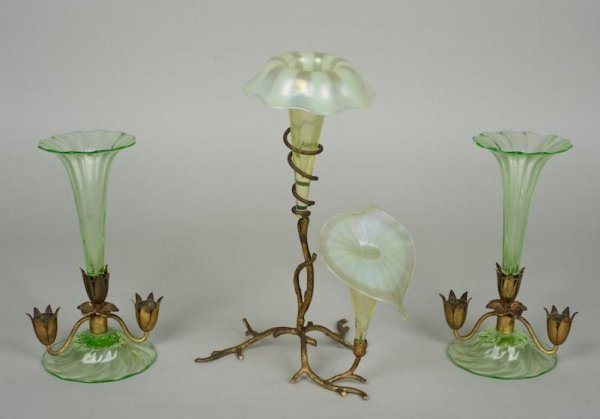 (3) Victorian gilt bronze and art glass epergnes: (3) Victorian gilt bronze and art glass epergnes, 19th century, largest: 12"h