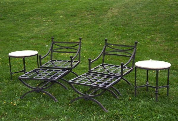 Group designer aluminum outdoor furniture: Group designer aluminum outdoor furniture, Circa 2000, incl. (2) easy chairs, (2) ottomans and (2) marble top occasional tables, chairs: 33"h x 26"w, tables: 22"dia. Provenance: The T. Constantiner Co