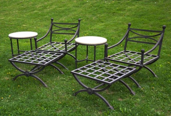 Group designer aluminum outdoor furniture: Group designer aluminum outdoor furniture, Circa 2000, incl. (2) easy chairs, (2) ottomans and (2) marble top occasional tables, chairs: 33"h x 26"w, tables: 22"dia. Provenance: The T. Constantiner Co