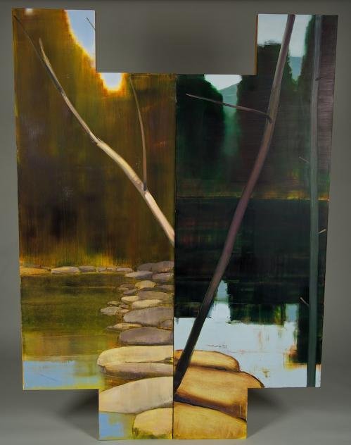 (2) paintings by Stephen Pentak (b. 1951, America: (2) paintings by Stephen Pentak (b. 1951, American), "Broadcasters VII", 85" x 30" (total), unframed Provenance: Rosenthal Fine Arts, Chicago