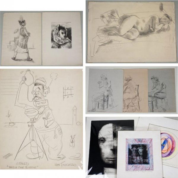(5) works on paper inscribed to Arnold Newman: (5) works on paper inscribed to Arnold Newman, 20th century, drawings and prints, incl. works by Moses Soyer, Ham Fischer, Alan Magee, etc., largest: 17" x 14" (sheet), all unframed Provenance: The Es