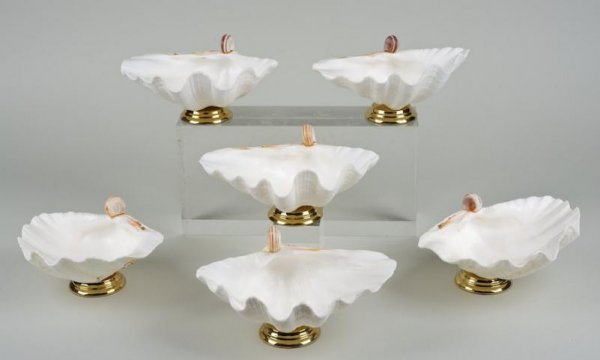 Set (6) large seashell bowls, spirit of Duquette: Set (6) large seashell bowls, spirit of Duquette, 20th century, largest: 8.25"l