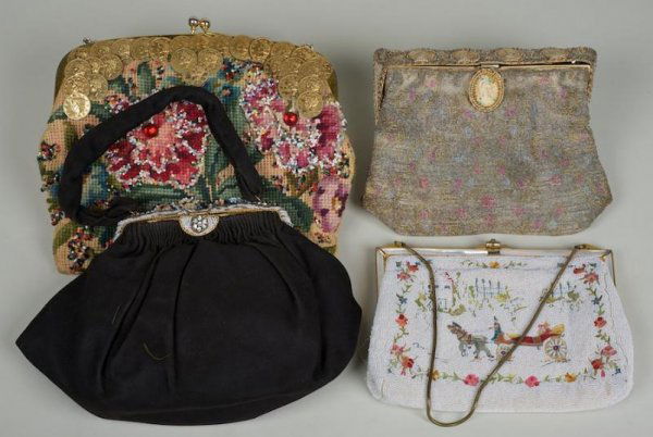 (4) antique and vintage beaded evening purses: (4) antique and vintage beaded evening purses, 20th century, incl. Odette, Paris, largest: 10"w