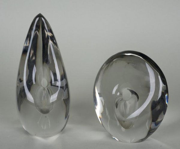 (2) colorless glass orchid vases by Timo Sarpanev: (2) colorless glass orchid vases by Timo Sarpaneva, Circa 1970s, larger: 8.25"h