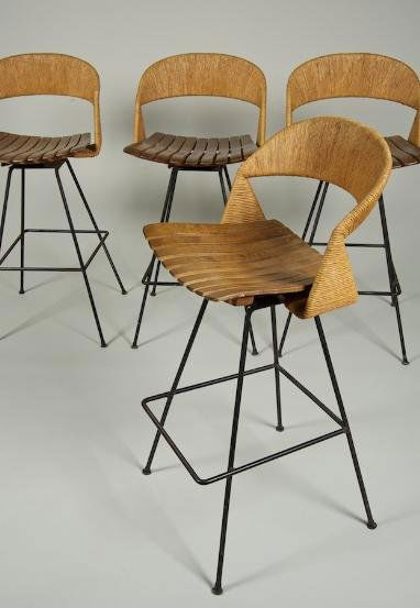 Set (4) Arthur Umanoff for Raymor bar stools: Set (4) Arthur Umanoff for Raymor bar stools, 20th century, 39.5"h x 18.5"dia. Provenance: Fawn Hill Farm, Morristown, NJ