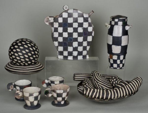 Memphis style ceramic accessories incl. de Lavall: Memphis style ceramic accessories incl. de Lavallee, Late 20th/21st century, approx. (18) pieces, largest: 11.5"h x 11"w Provenance: The Estate of Linda Pace, NY