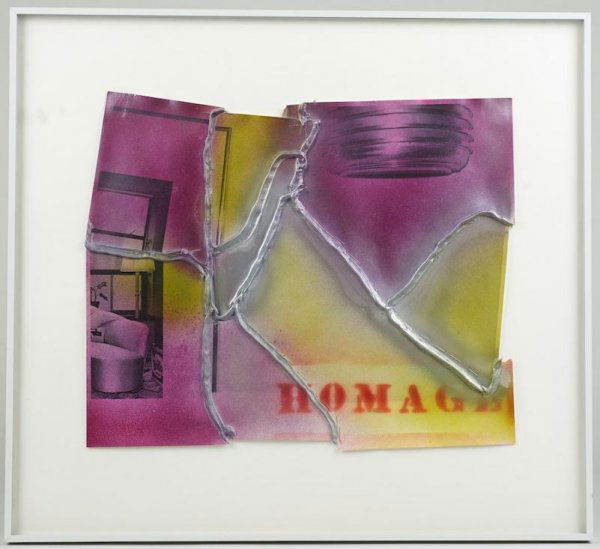 Mixed media collage by Thomas Barrow (b. 1938, Am: Mixed media collage by Thomas Barrow (b. 1938, Amer.), "Homage", 13.5" x 16.5" (sheet), framed Provenance: The Estate of Arnold Newman, NY