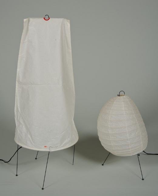 (2) paper table lamps by Isamu Noguchi: (2) paper table lamps by Isamu Noguchi, Late 20th century, larger: 29.5"h x 12"dia.