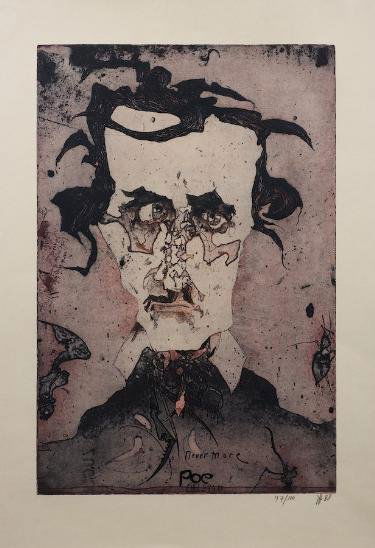 Signed etching by Horst Janssen (1929-1995, Germa: Signed etching by Horst Janssen (1929-1995, German), "E.A. Poe", 1988, 26.5" x 18.5" (sheet), framed Provenance: Claude Bernard Gallery, NY