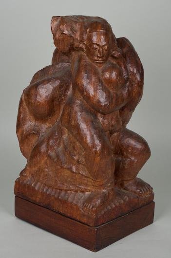 Illegibly signed wood sculpture manner of Chaim G: Illegibly signed wood sculpture manner of Chaim Gross, Circa 1956, 19"h x 10.5"w
