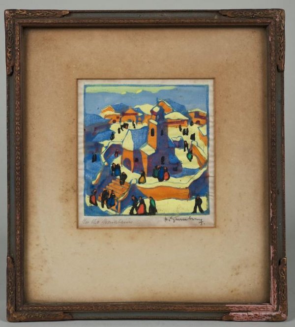 Woodcut by Herbert Gurschner (1901-1970, Austrian: Woodcut by Herbert Gurschner (1901-1970, Austrian), "In the Mountains", pencil signed, 4.75" x 4.25" (sight), framed