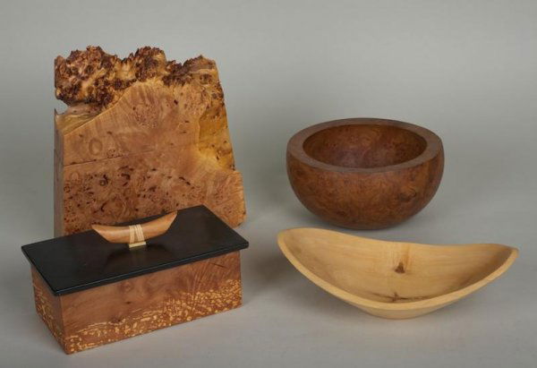 (4) wood table accessories by Michael Elkan and o: (4) wood table accessories by Michael Elkan and others, 20th/21st century, largest: 9"h x 8.5"w