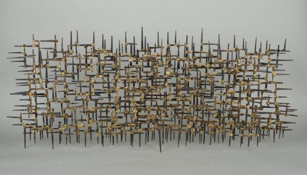 Cut nail wall sculpture in the manner of Curtis J: Cut nail wall sculpture in the manner of Curtis Jere, Mid 20th century, signed "Collier", 18"h x 42"l