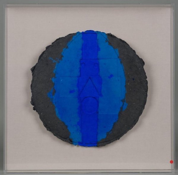 Fiber art construction by Robert Courtright (b. 1: Fiber art construction by Robert Courtright (b. 1926, American), Circa 1991, 11.75" dia. (sheet), box frame Provenance: Collection of Caral Gimbel Lebworth, NY