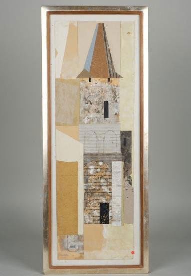 Collage by Robert Courtright (b. 1926, American): Collage by Robert Courtright (b. 1926, American), "Tower", 1958, 25" x 8.5" (sheet), framed Provenance: Collection of Caral Gimbel Lebworth, NY